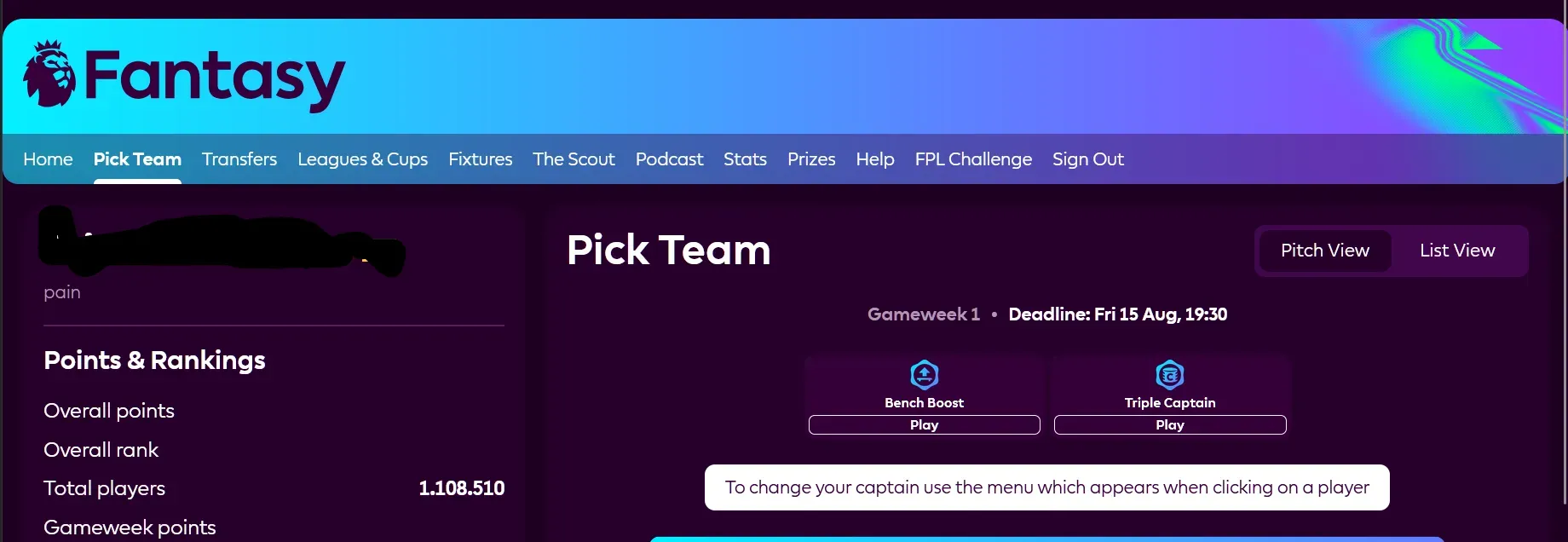 A picture of the 'Pick Team' Tab in the Fantasy Premier League website.
