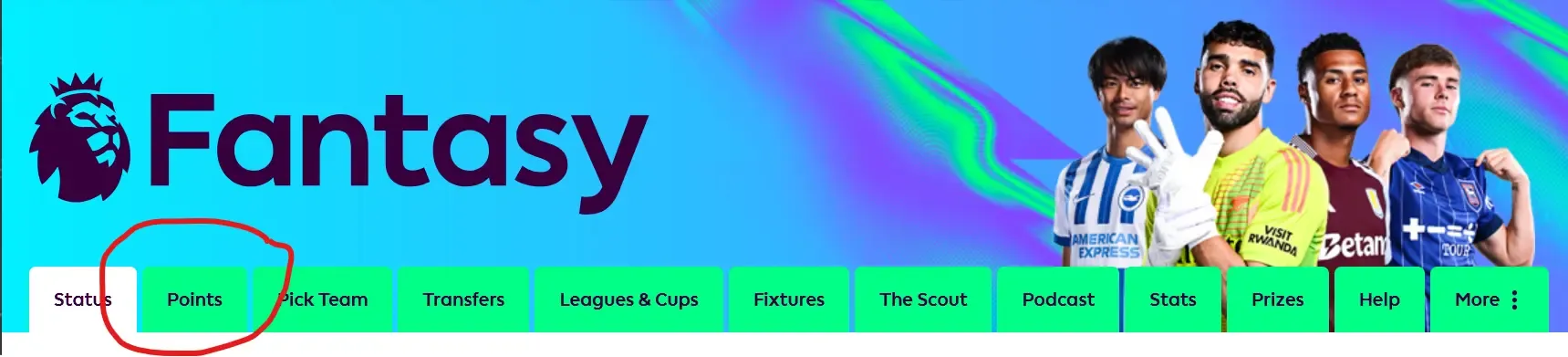 A picture of the 'Points' Tab in the Fantasy Premier League website.